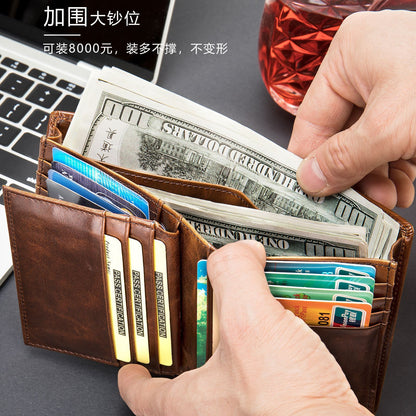 Men's Short Wallet Genuine Cowhide Leather RFID Anti-Theft Card Bag Retro Men's Wallet 