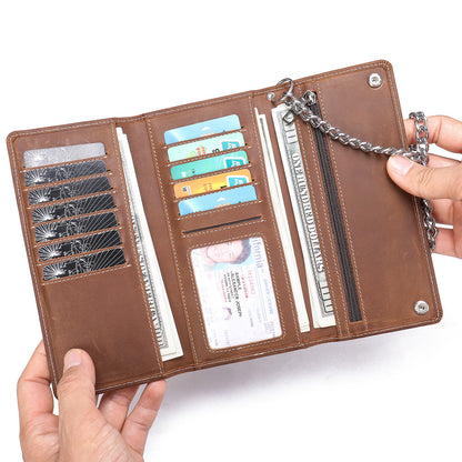 Men's Long Wallet, Cowhide, Genuine Leather, Retro Chain, Multi-Card Holder, Anti-Theft Wallet, Men's Wallet Wrist Bag 