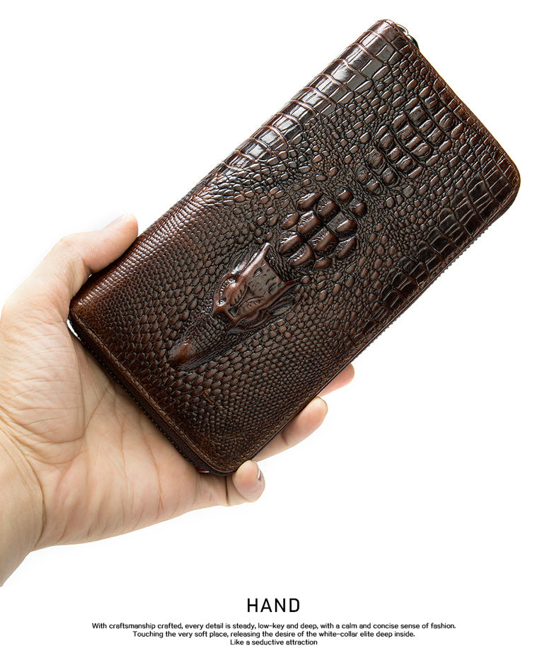 Men's Long Wallet Retro Crocodile Crest Cow Leather Card Holder Anti-Theft Brush RFID Men's Clutch Bag 