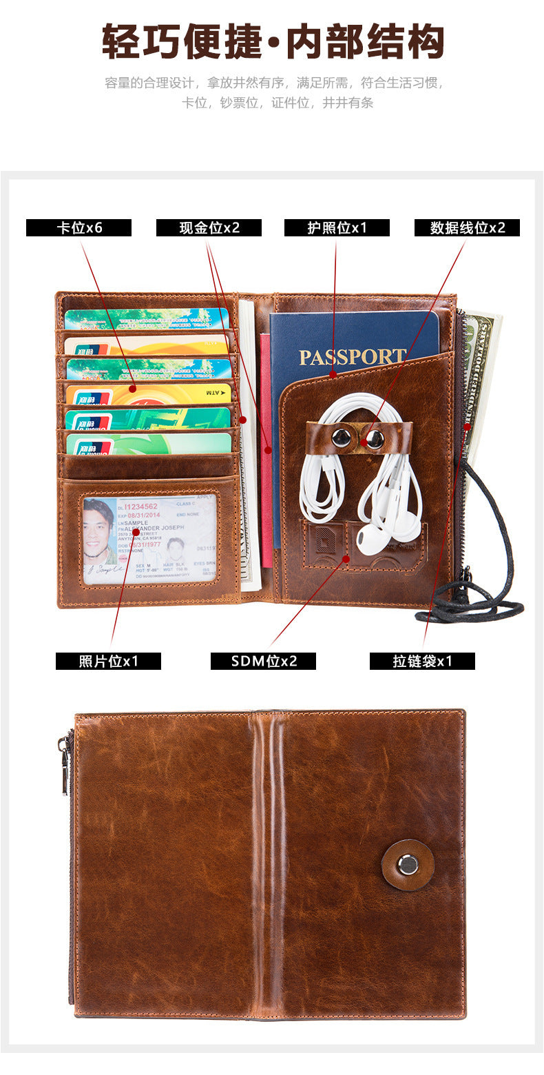 Men's Wallet Made of Genuine Cow Leather Retro Unique Fashion Card Holder Earphone Code Card Pocket 