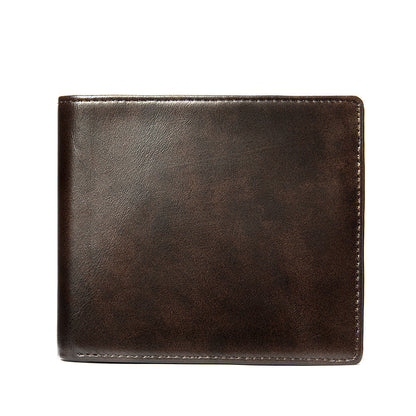 Men's short wallet genuine cowhide leather retro bi-fold card holder RFID anti-magnetic card bag 