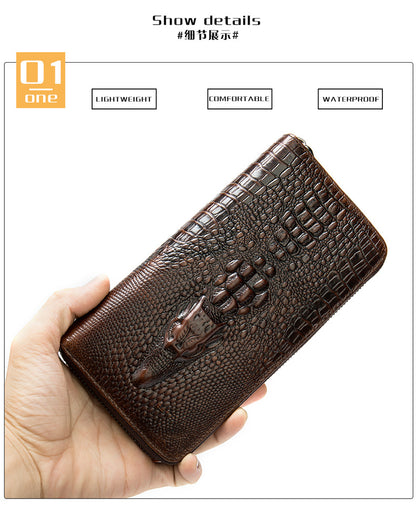 Men's Long Wallet Retro Crocodile Crest Cow Leather Card Holder Anti-Theft Brush RFID Men's Clutch Bag 