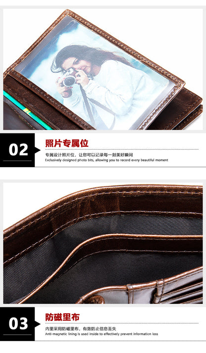 Men's Short Wallet Genuine Cowhide Leather RFID Anti-Theft Card Bag Retro Men's Wallet 