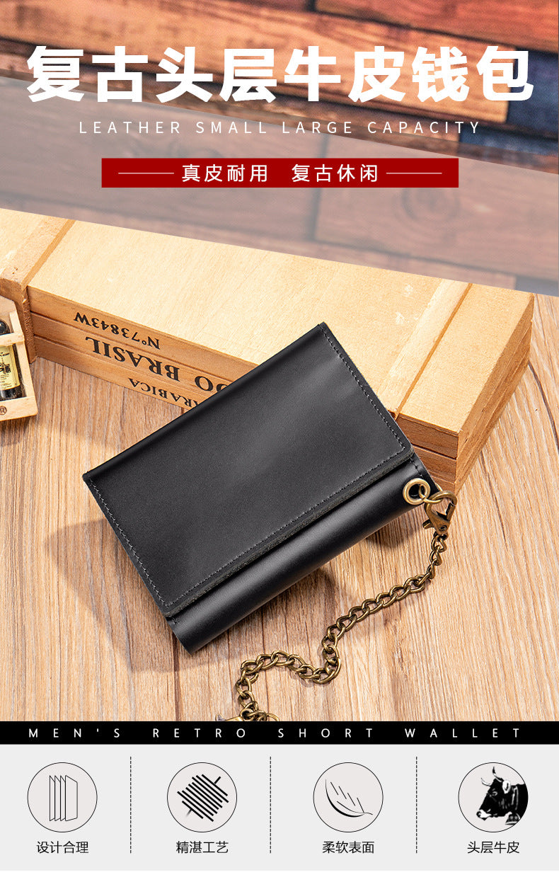 Men's short wallet made of genuine cowhide leather, retro chain, multi-functional, tri-fold, anti-theft, wallet for men 