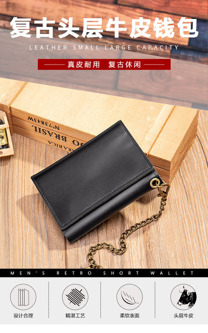 Men's short wallet made of genuine cowhide leather, retro chain, multi-functional, tri-fold, anti-theft, wallet for men 