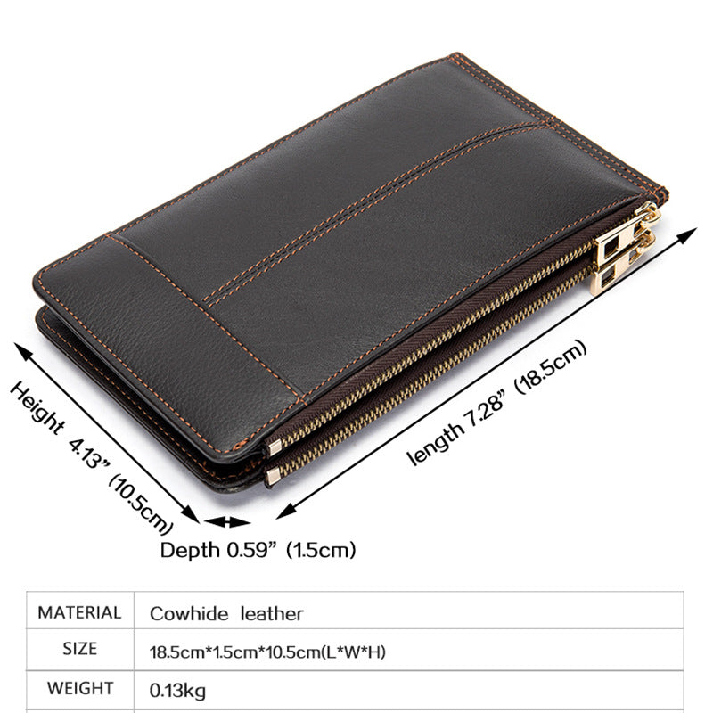 Men's long wallet made of genuine cowhide leather large capacity clutch bag Korean fashion unique zipper men's wallet 