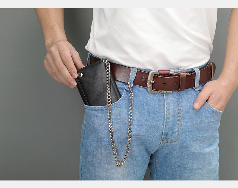 Men's Long Wallet, Cowhide, Genuine Leather, Retro Chain, Multi-Card Holder, Anti-Theft Wallet, Men's Wallet Wrist Bag 