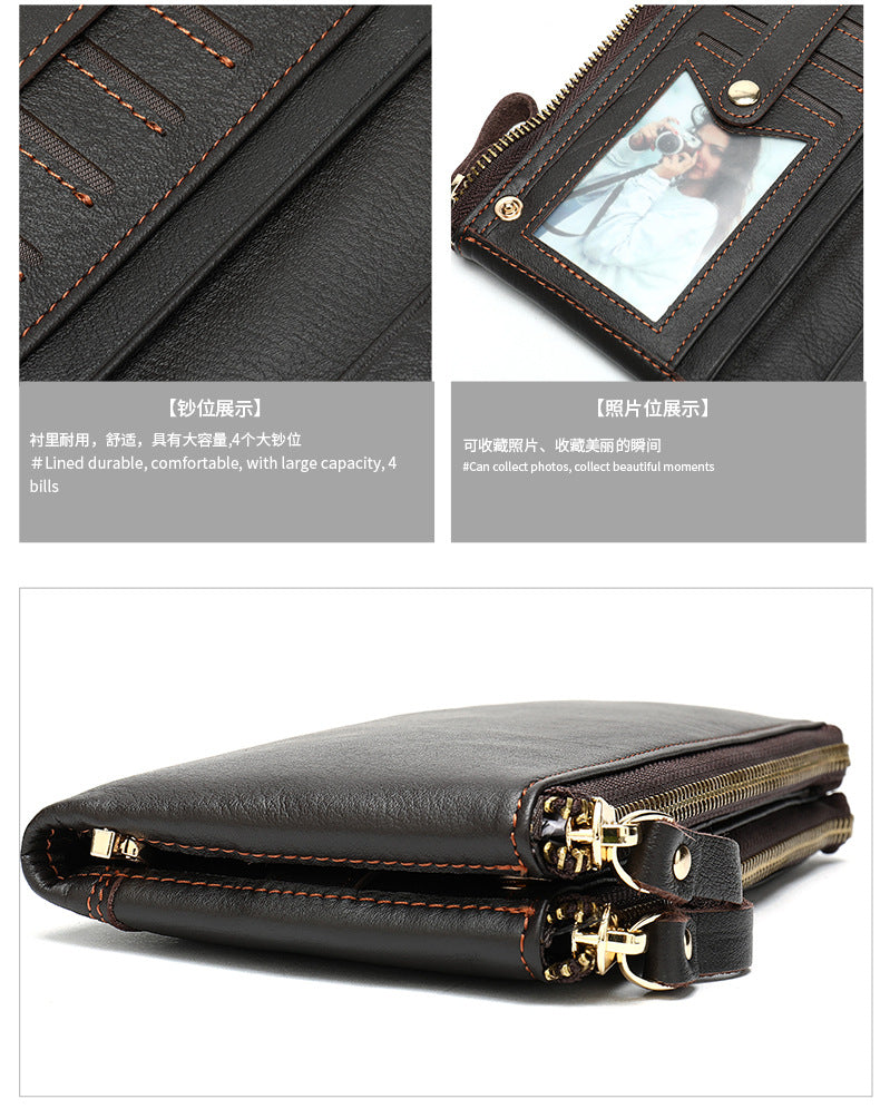 Men's long wallet made of genuine cowhide leather OL commuting large capacity zipper clutch bag 