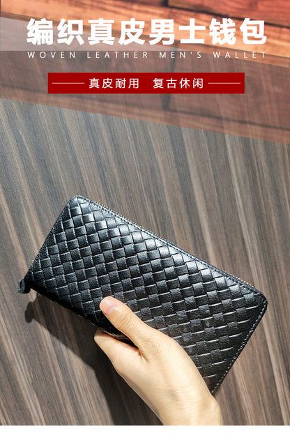 Men's long wallet made of cowhide genuine leather fashion plaid card holder zipper large capacity clutch bag men's wallet 