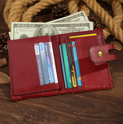 Men's short wallet, genuine cowhide leather, retro zipper, card holder, rfid anti-theft, large capacity, handbag for men 