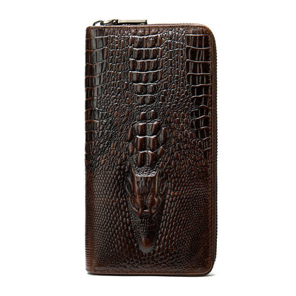 Men's Long Wallet Retro Crocodile Crest Cow Leather Card Holder Anti-Theft Brush RFID Men's Clutch Bag 