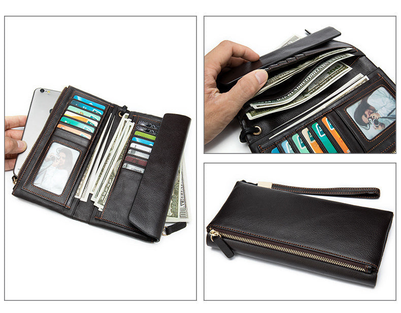 Men's Long Wallet Retro Genuine Cowhide Leather Large Capacity Card Holder RFID Anti-Theft Business Clutch Bag 