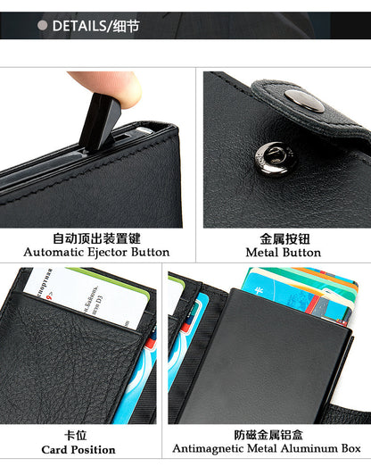 Men's wallet cowhide genuine leather aluminum alloy automatic pop-up RFID anti-theft brush personality business card holder card bag for men 