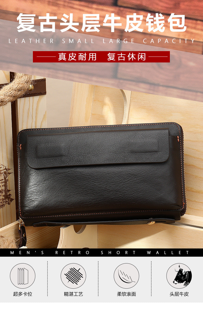 Men's long wallet card holder RFID anti-theft brush cowhide genuine leather zipper men's wallet 