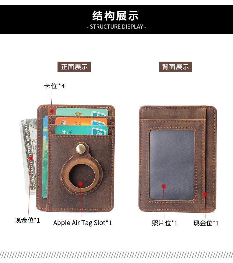 Men's Wallet Cow Leather Airtag Tracker Card Bag Anti-Theft RFID Retro Men's Wallet 