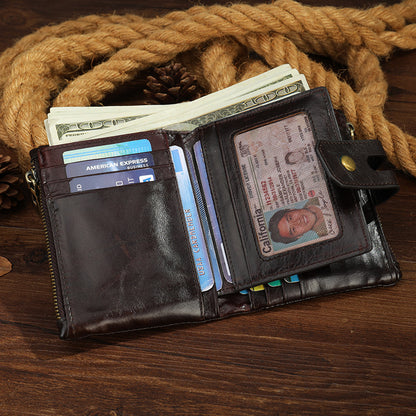 Men's short wallet, genuine cowhide leather, retro zipper, card holder, rfid anti-theft, large capacity, handbag for men 