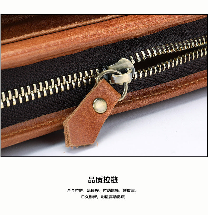 Men's clutch bag Genuine cowhide leather large capacity business zipper file bag Men's handbag 