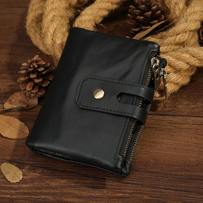 Men's short wallet, genuine cowhide leather, retro zipper, card holder, rfid anti-theft, large capacity, handbag for men 