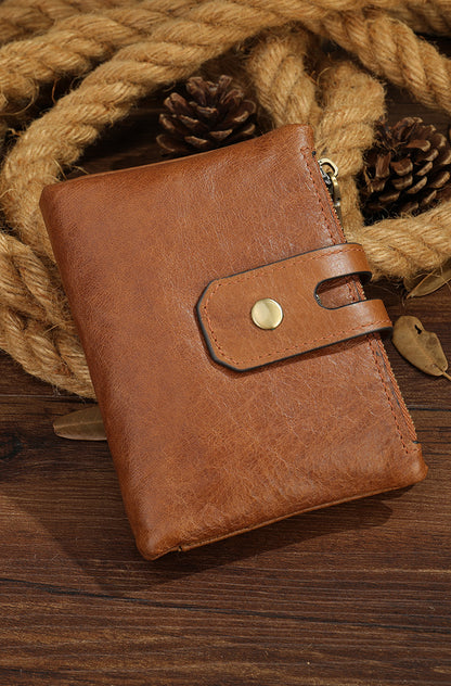 Men's short wallet, genuine cowhide leather, retro zipper, card holder, rfid anti-theft, large capacity, handbag for men 