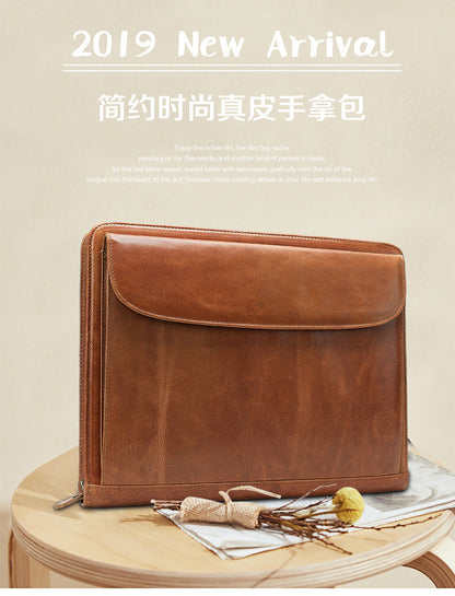 Men's clutch bag Genuine cowhide leather large capacity business zipper file bag Men's handbag 