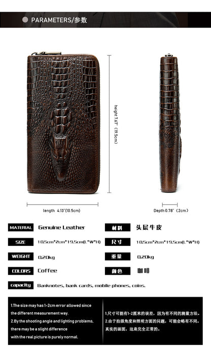 Men's Long Wallet Retro Crocodile Crest Cow Leather Card Holder Anti-Theft Brush RFID Men's Clutch Bag 