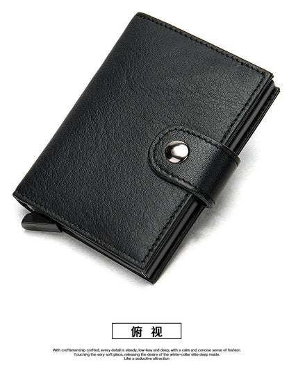 Men's wallet cowhide genuine leather aluminum alloy automatic pop-up RFID anti-theft brush personality business card holder card bag for men 