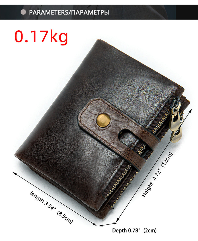 Men's short wallet, genuine cowhide leather, retro zipper, card holder, rfid anti-theft, large capacity, handbag for men 