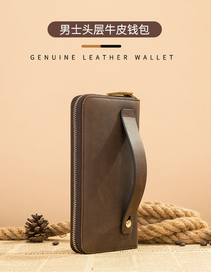 Men's long wallet Made of genuine cowhide leather Retro clutch bag Men's wallet 