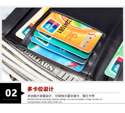 Men's short wallet made of genuine cowhide leather, retro chain, multi-functional, tri-fold, anti-theft, wallet for men 