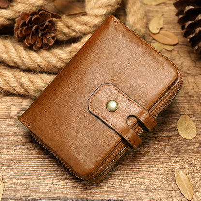 Men's short wallet, genuine cowhide leather, retro coin purse, anti-theft brush, zipper, unisex card bag 