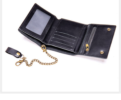 Men's short wallet made of genuine cowhide leather, retro chain, multi-functional, tri-fold, anti-theft, wallet for men 