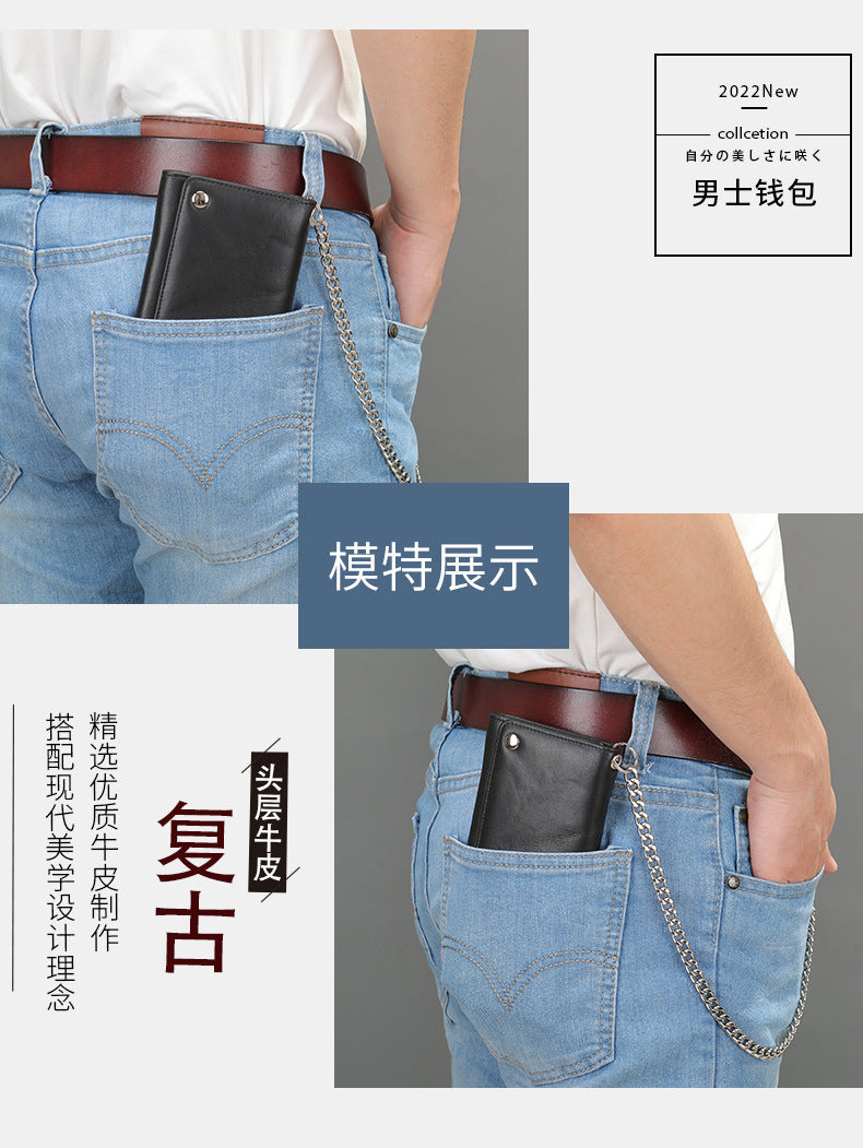 Men's Long Wallet, Cowhide, Genuine Leather, Retro Chain, Multi-Card Holder, Anti-Theft Wallet, Men's Wallet Wrist Bag 