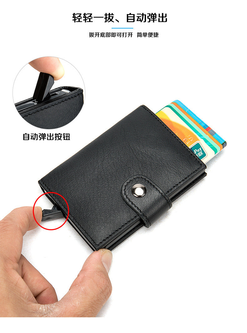 Men's wallet cowhide genuine leather aluminum alloy automatic pop-up RFID anti-theft brush personality business card holder card bag for men 