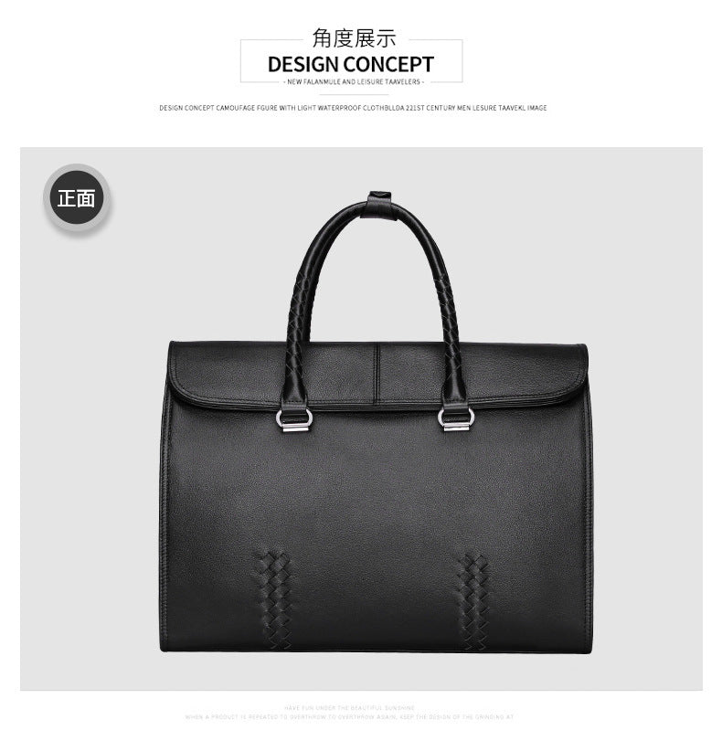 Men's Handbag Genuine Leather Cowhide Fashion Business Large Capacity Business Briefcase Computer Bag Hand-knitted Men's Handbag 