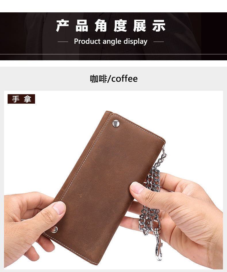 Men's Long Wallet, Cowhide, Genuine Leather, Retro Chain, Multi-Card Holder, Anti-Theft Wallet, Men's Wallet Wrist Bag 