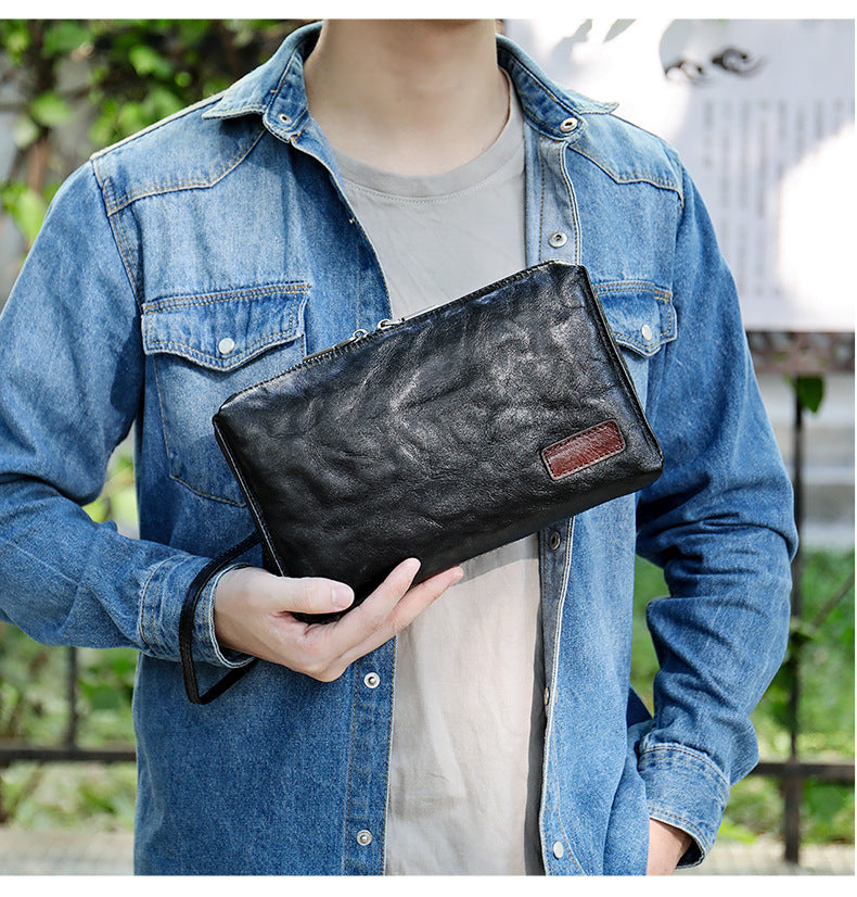 Men's Clutch Bag Genuine Cowhide Leather Quality Fashion Men's Wrist Bag Handbag