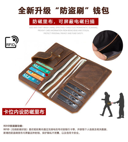 Men's long wallet made of cowhide genuine leather RFID anti-theft brush large capacity card bag for men 