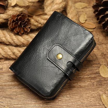 Men's short wallet, genuine cowhide leather, retro coin purse, anti-theft brush, zipper, unisex card bag 