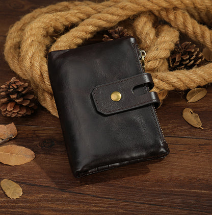 Men's short wallet, genuine cowhide leather, retro zipper, card holder, rfid anti-theft, large capacity, handbag for men 