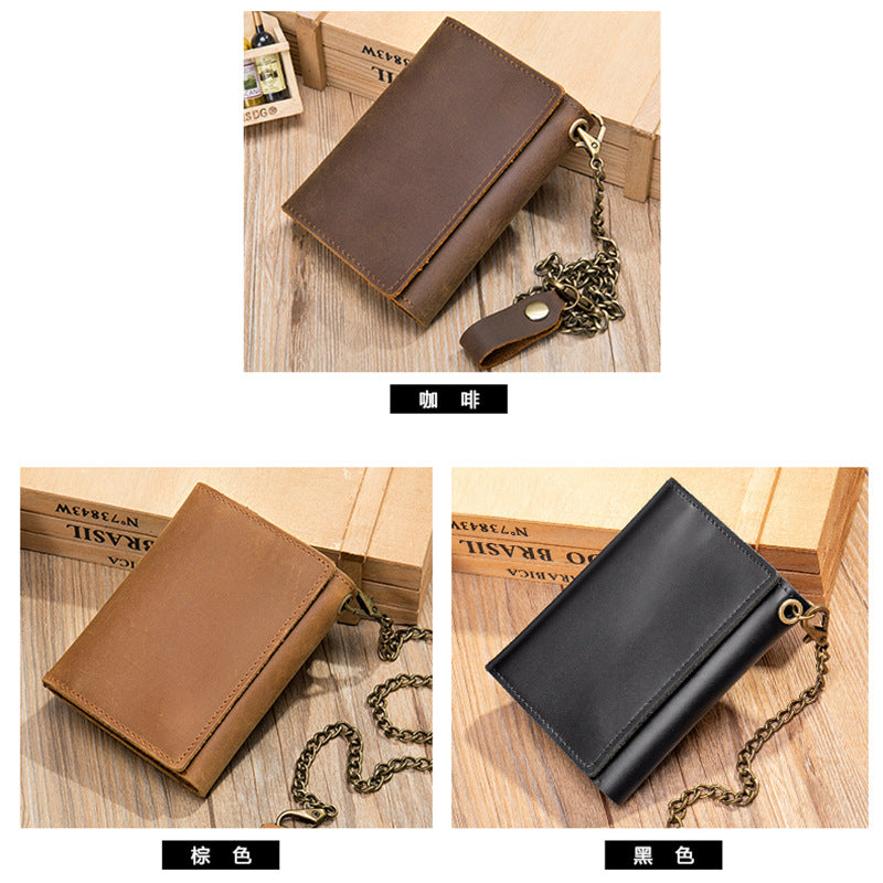 Men's short wallet made of genuine cowhide leather, retro chain, multi-functional, tri-fold, anti-theft, wallet for men 