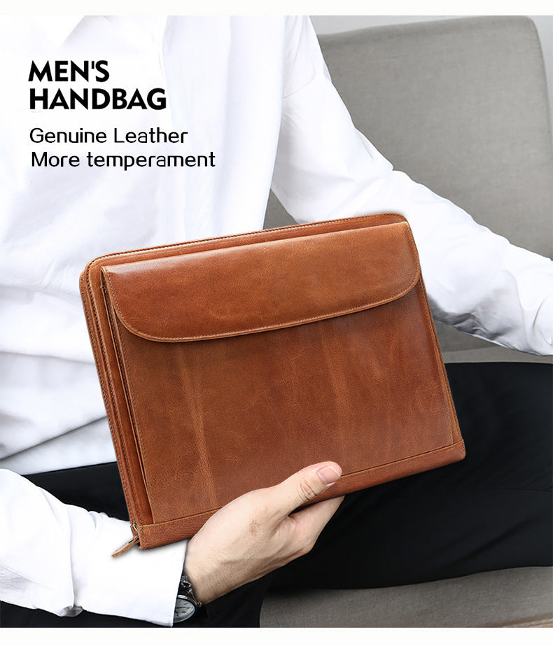 Men's clutch bag Genuine cowhide leather large capacity business zipper file bag Men's handbag 