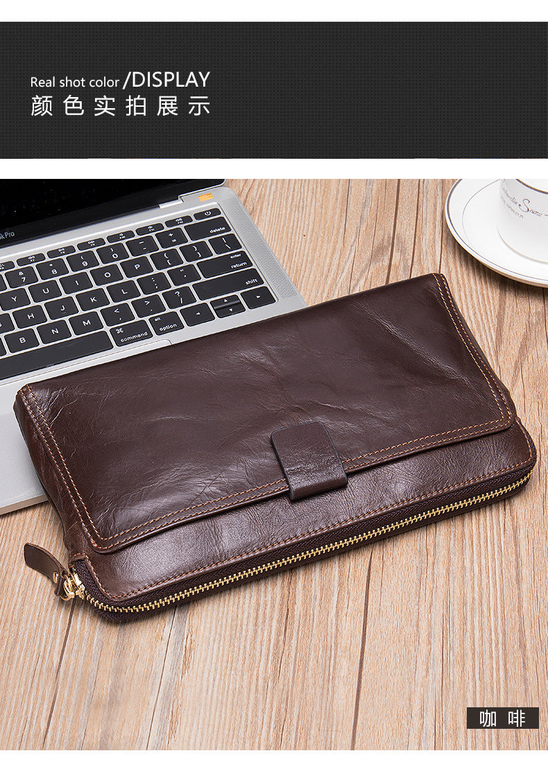 Men's Long Wallet Large Capacity Korean Fashion Genuine Cowhide Leather Card Holder RFID Anti-Theft Clutch Bag Men's Handbag 