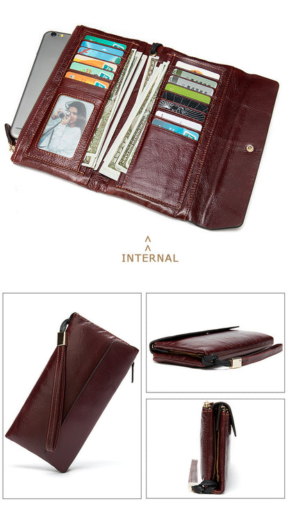 Men's Long Wallet Retro Genuine Cowhide Leather Large Capacity Card Holder RFID Anti-Theft Business Clutch Bag 