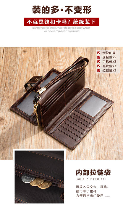 Men's long wallet, large capacity wallet, genuine cowhide leather, zipper clutch bag, handbag for men 