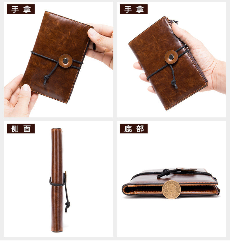 Men's Wallet Made of Genuine Cow Leather Retro Unique Fashion Card Holder Earphone Code Card Pocket 