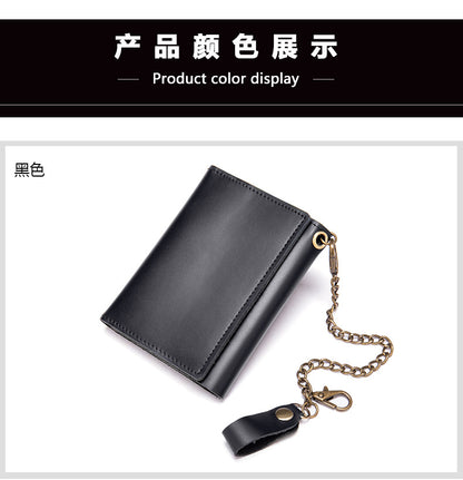 Men's short wallet made of genuine cowhide leather, retro chain, multi-functional, tri-fold, anti-theft, wallet for men 