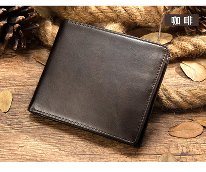 Men's short wallet genuine cowhide leather retro bi-fold card holder RFID anti-magnetic card bag 