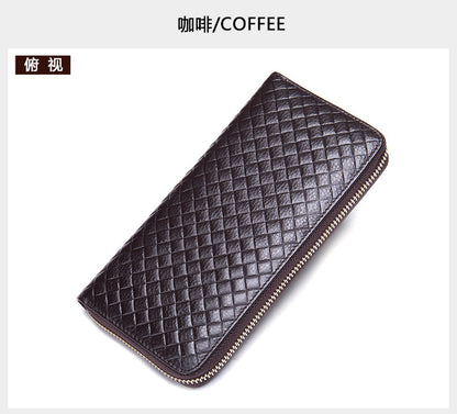 Men's long wallet made of cowhide genuine leather fashion plaid card holder zipper large capacity clutch bag men's wallet 