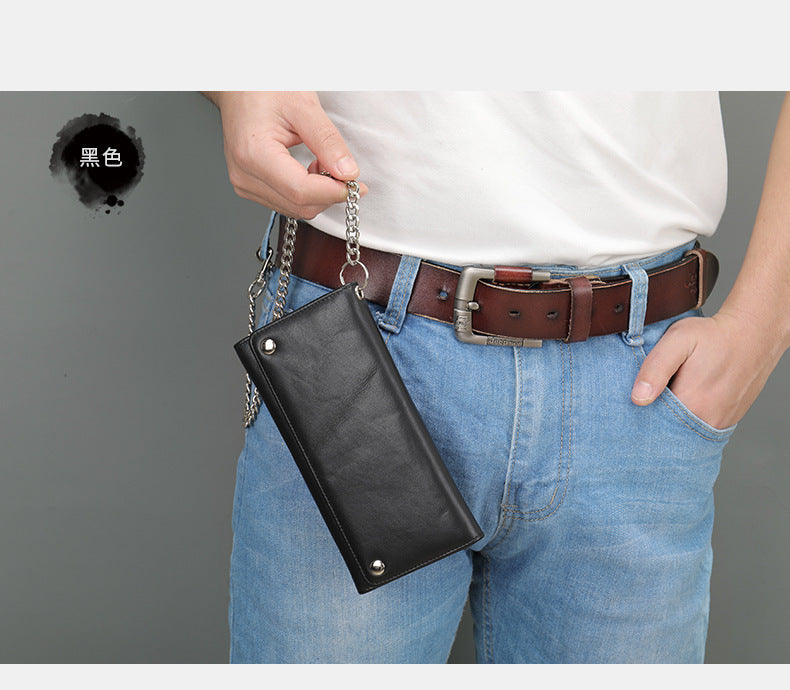 Men's Long Wallet, Cowhide, Genuine Leather, Retro Chain, Multi-Card Holder, Anti-Theft Wallet, Men's Wallet Wrist Bag 