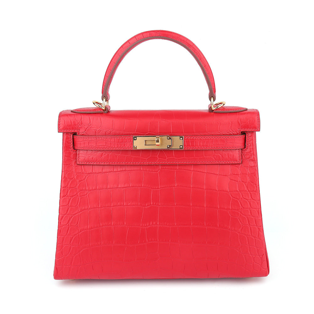 Hand-stitched wax thread ladies bag matte crocodile leather women bag fashion handbag Kelly bag